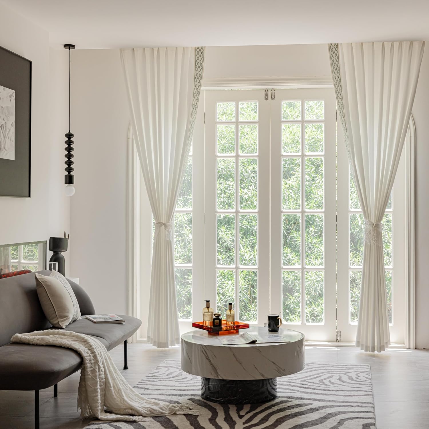 White Colour Linen Curtain Panels with Embroidered Trim Design, Pinch Pleat Curtains, Semi-Sheer Curtains for Sliding Patio Doors Bedroom (2 Panels) (50W x 108L)
