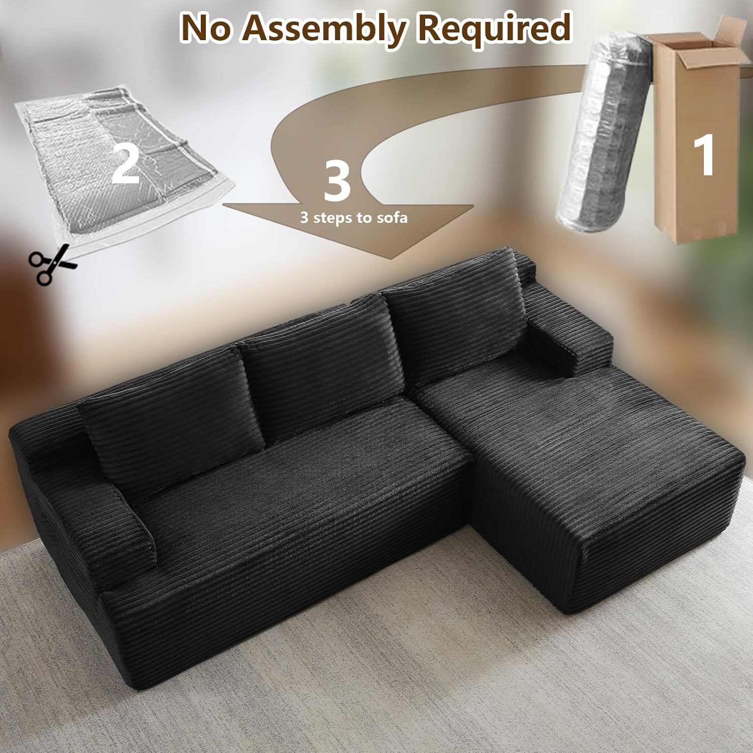 96" Cloud Sectional Sofa, Boneless Couch for Living Room, Modular Sectional Sofa with Deep Seat, Fluffy Comfy Corduroy Couch with L-Shaped Chaise, No Assembly Required (Black, Right Facing)