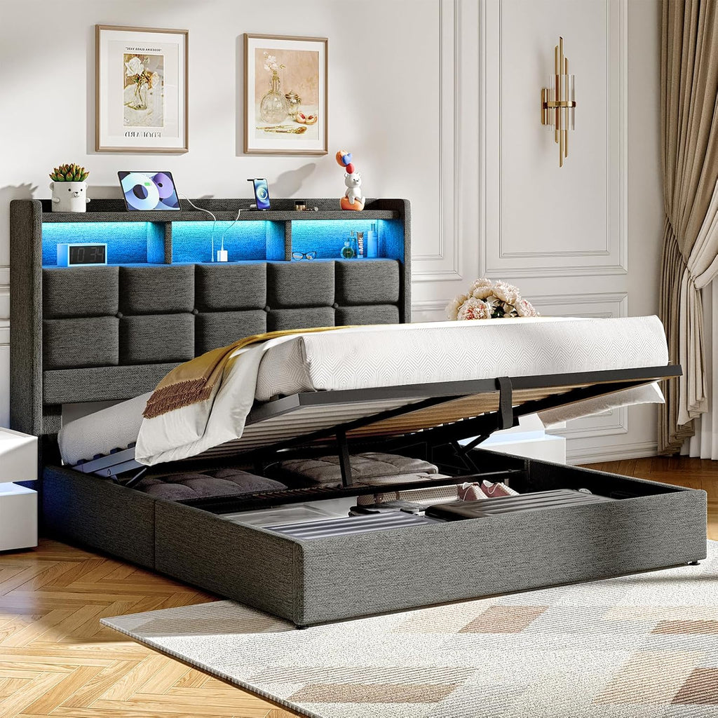 Lift Up Full Size Bed Frame with Storage, Upholstered Full Bed Frame with LED Lights Headboard and Charging Station, No Box Spring Needed, Easy Assembly - Dark Grey