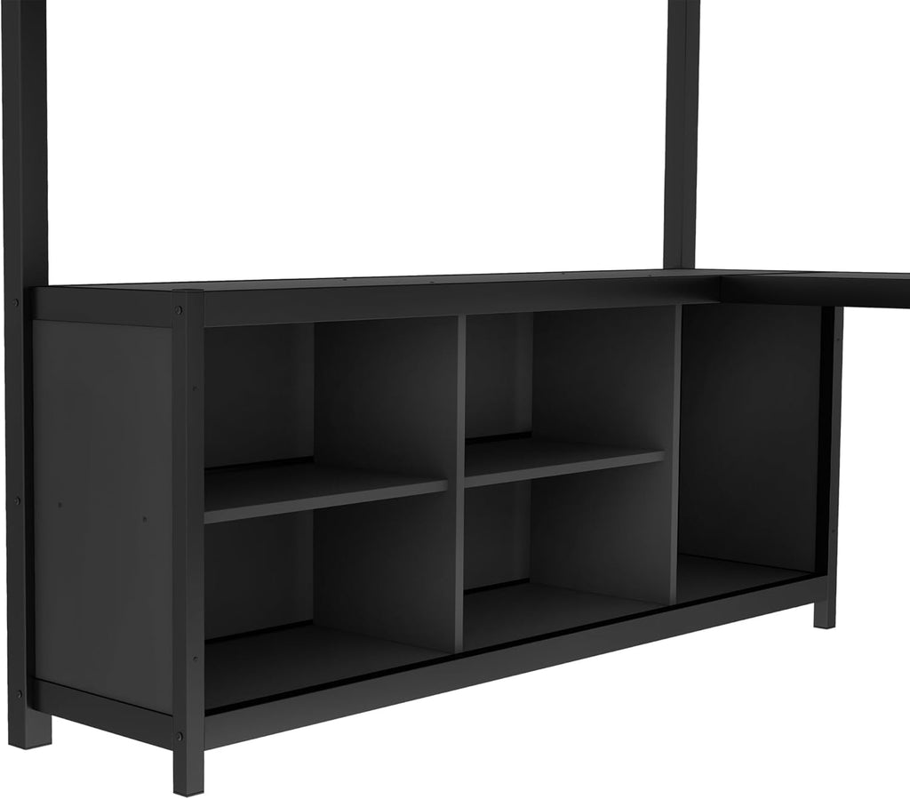 Queen Loft Bed with L-shaped Desk and Wardrobe, Metal Loftbed with Storage Cubes and Shelves, Heavy-duty Loft Bed Frame for Kids, Teens, Adults, Noise-free and No Box Spring Needed Design, Black