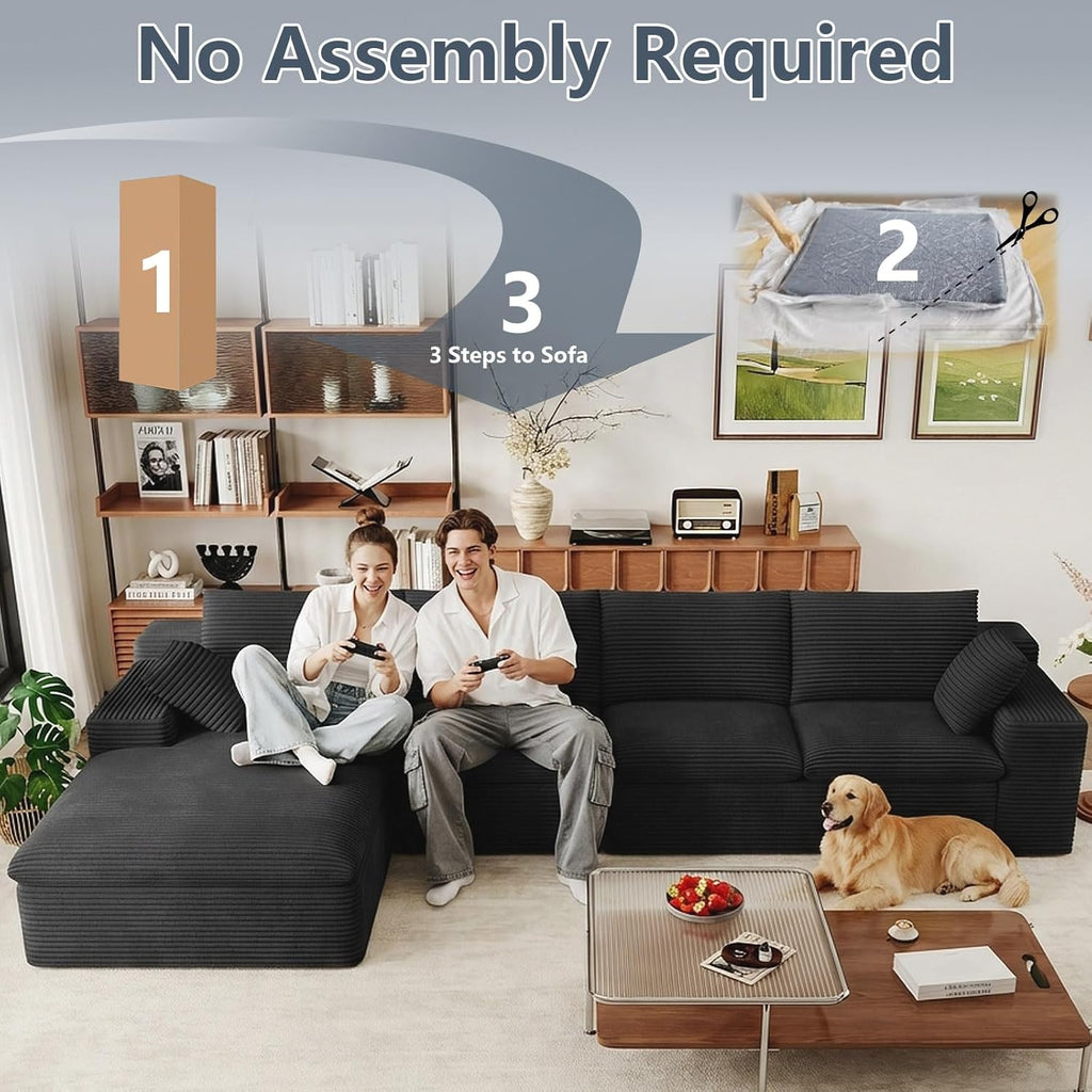 136" Cloud Modular Sectional Couch with L-Shaped Chaise,Corduroy Boneless Sofa,Memory Foam Couches in a Box with Deep Seat for Living Room,No Assembly Required (Black,Left-Facing Chaise)
