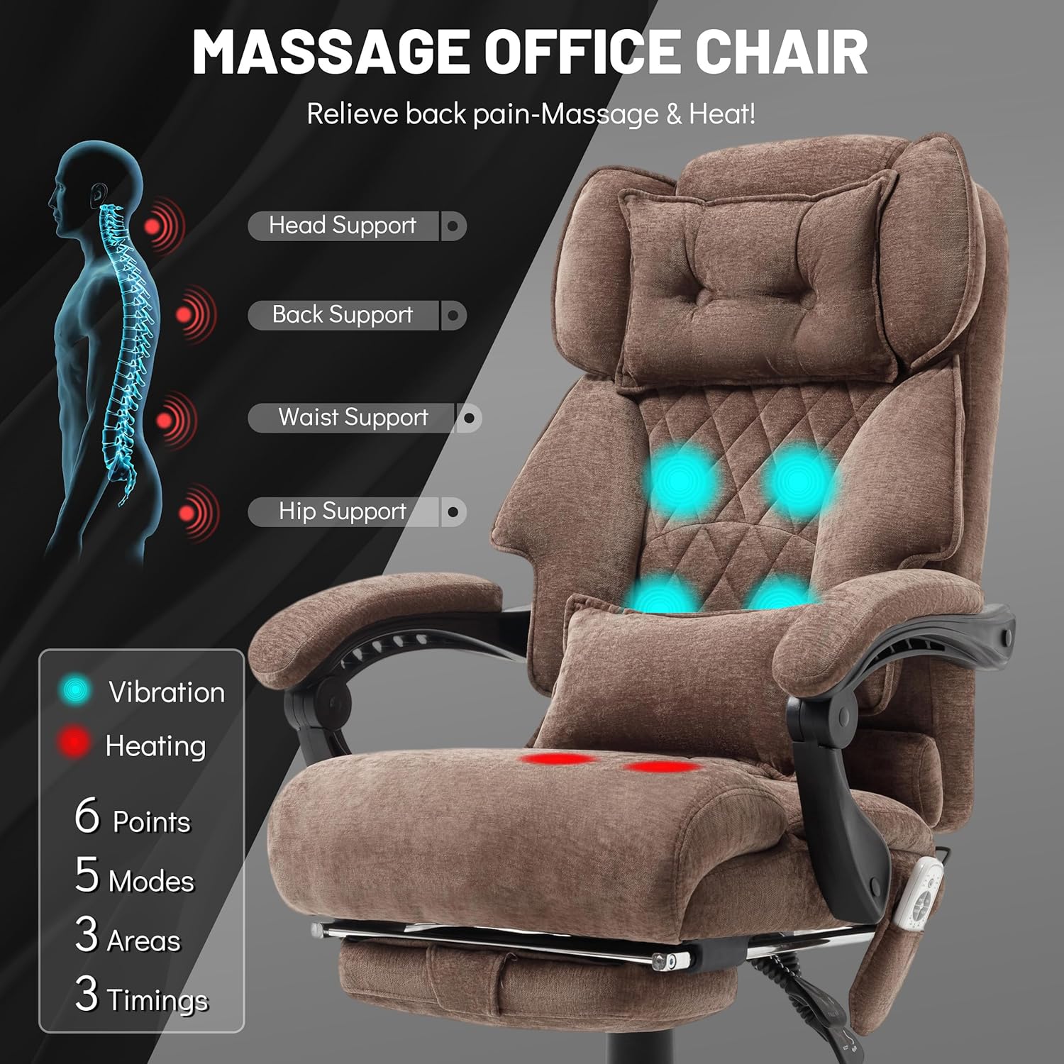 Massage Office Chair with Foot Rest,6 Points Vibration & Heat Executive Office Chairs for Heavy People,500LBS Big and Tall Office Chair,Ergonomic Reclining Desk Chair,Dual-Use Pillow,Brown