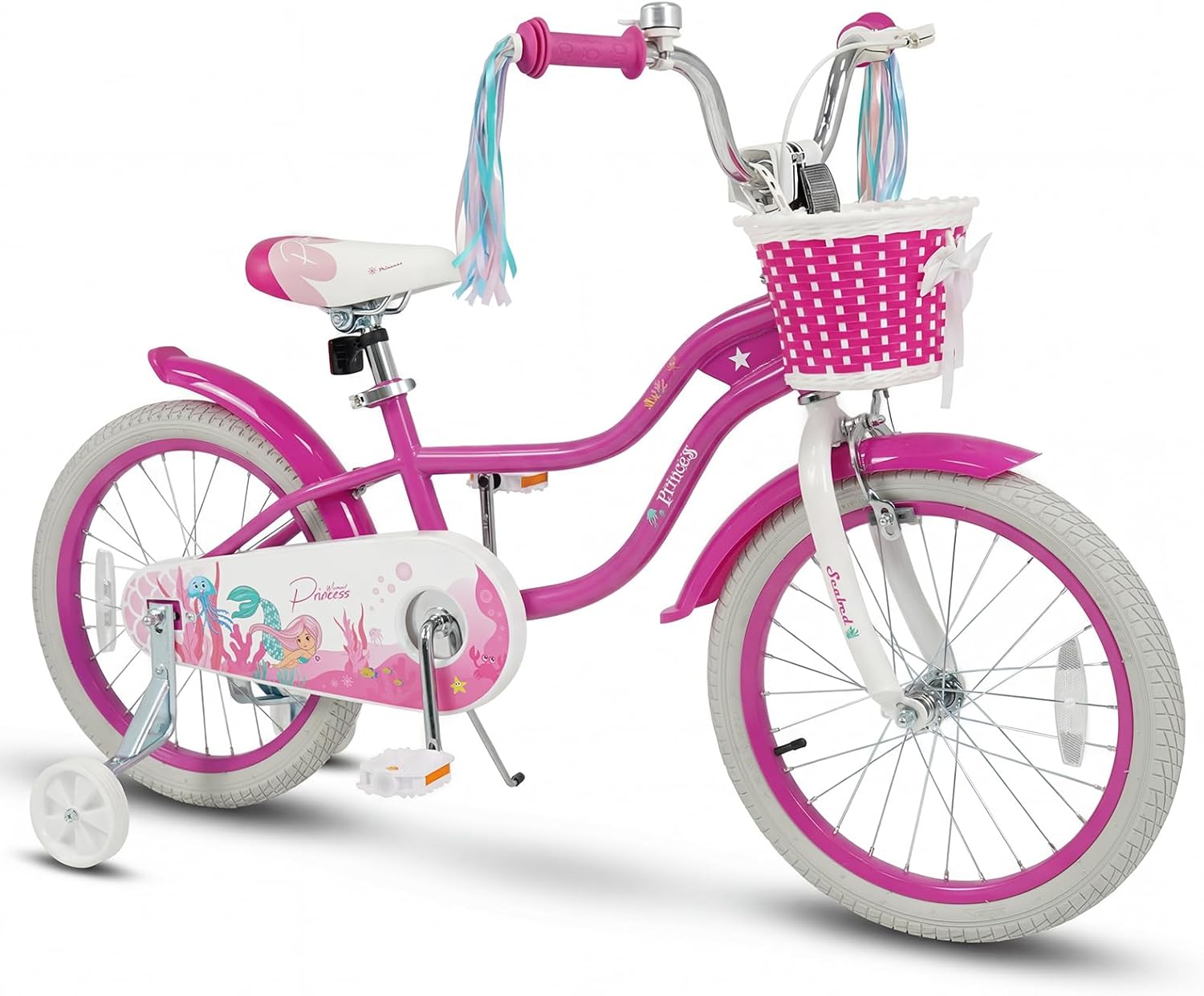 BABY JOY Kids Bike, 12" 14" 16" 18" Mermaid Girls Bike for 3-8 Years Old w/Basket, Training Wheels, Hand & Coaster Brakes, Adjustable Seat & Handlebar, 20" Children Bicycle with Kickstand for 8+