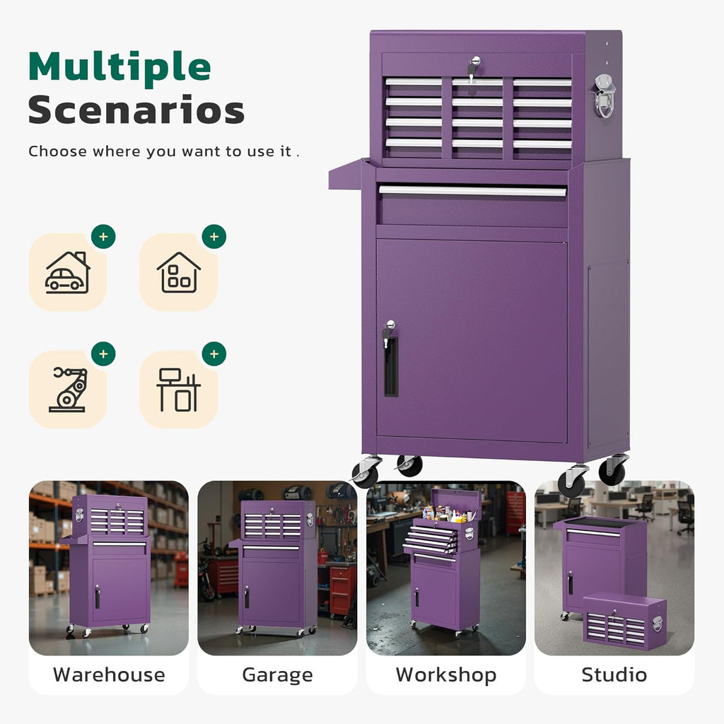 Greenvelly Tool Chest, 5-Drawer Rolling Tool Chest with Hooks and Lockable Wheels, Detachable Top Tool Box, Toolbox with Wheels, Rolling Tool Box for Mechanics Garage Workshop and Tool Room (Purple)
