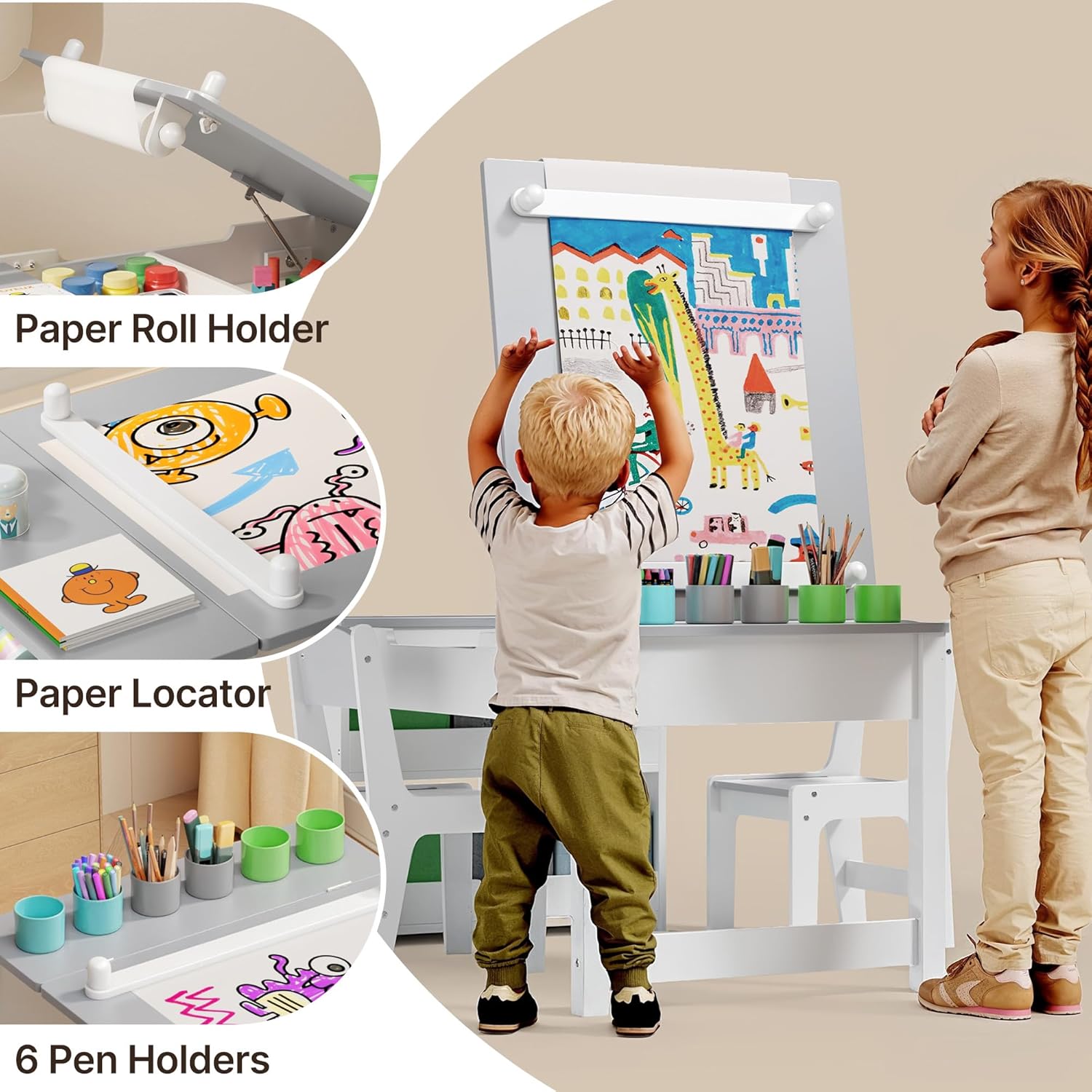 Gizoon Kids Art Table and Chairs with Removable Tabletop Storage,Toddler Craft Table and Chair Set for Drawing Studying Playing Wooden Kid Acitivity Table in Playroom Kids Room Living Room, Gray