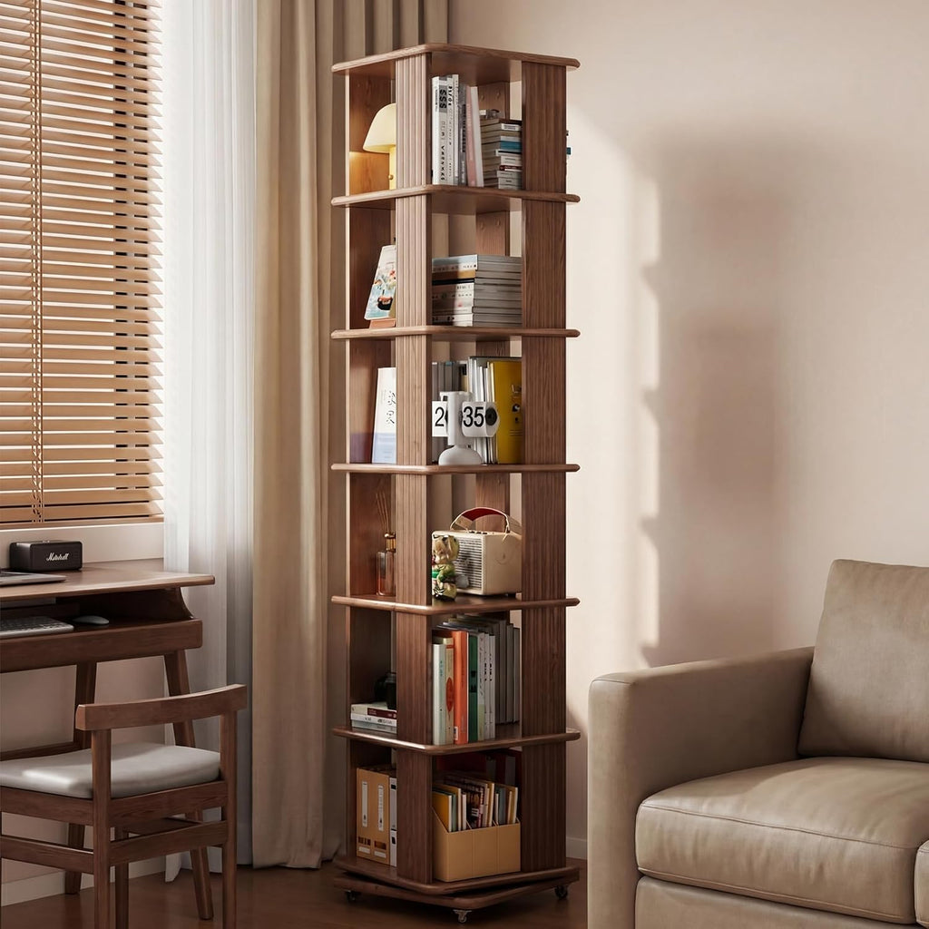 Solid Wood Rotating Bookshelf, 6-Tier Rolling Bookcase .360 Degree Revolving Bookshelf .Spinning Bookshelf Tower for Small Spaces, Bedroom .Office .Living Room .Classroom (Walnut)