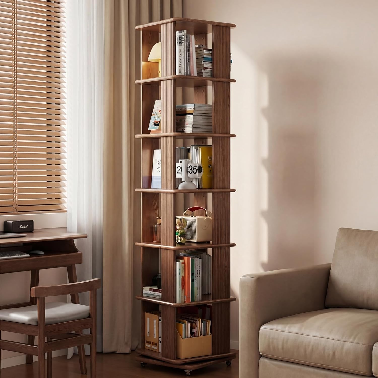 Solid Wood Rotating Bookshelf, 6-Tier Rolling Bookcase .360 Degree Revolving Bookshelf .Spinning Bookshelf Tower for Small Spaces, Bedroom .Office .Living Room .Classroom (Walnut)
