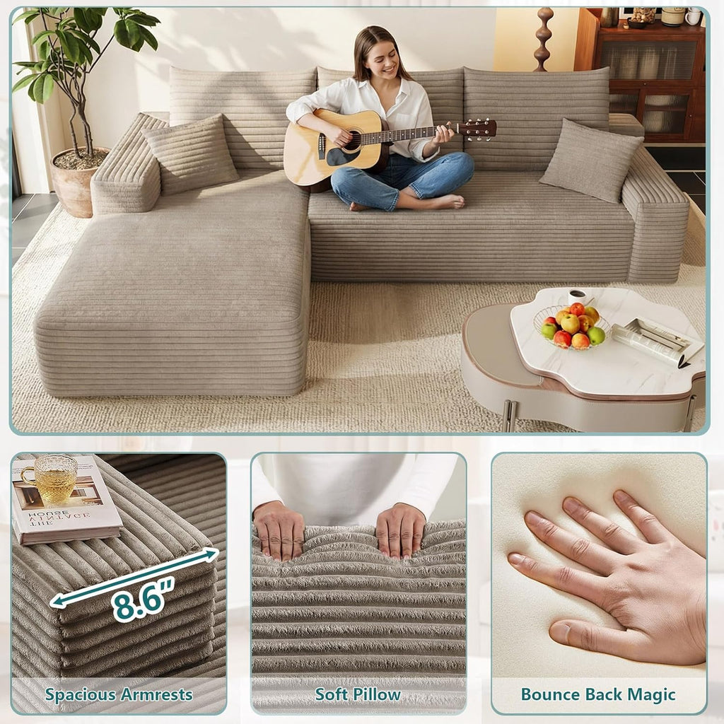 95" Modular Sectional Couch, Boneless L Shaped Cloud Sofa with Chaise Lounge, Corduroy Upholstered Couches Memory Foam Deep Seat, No Assembly Required, Ideal for Living Room(Camel, Left Facing)