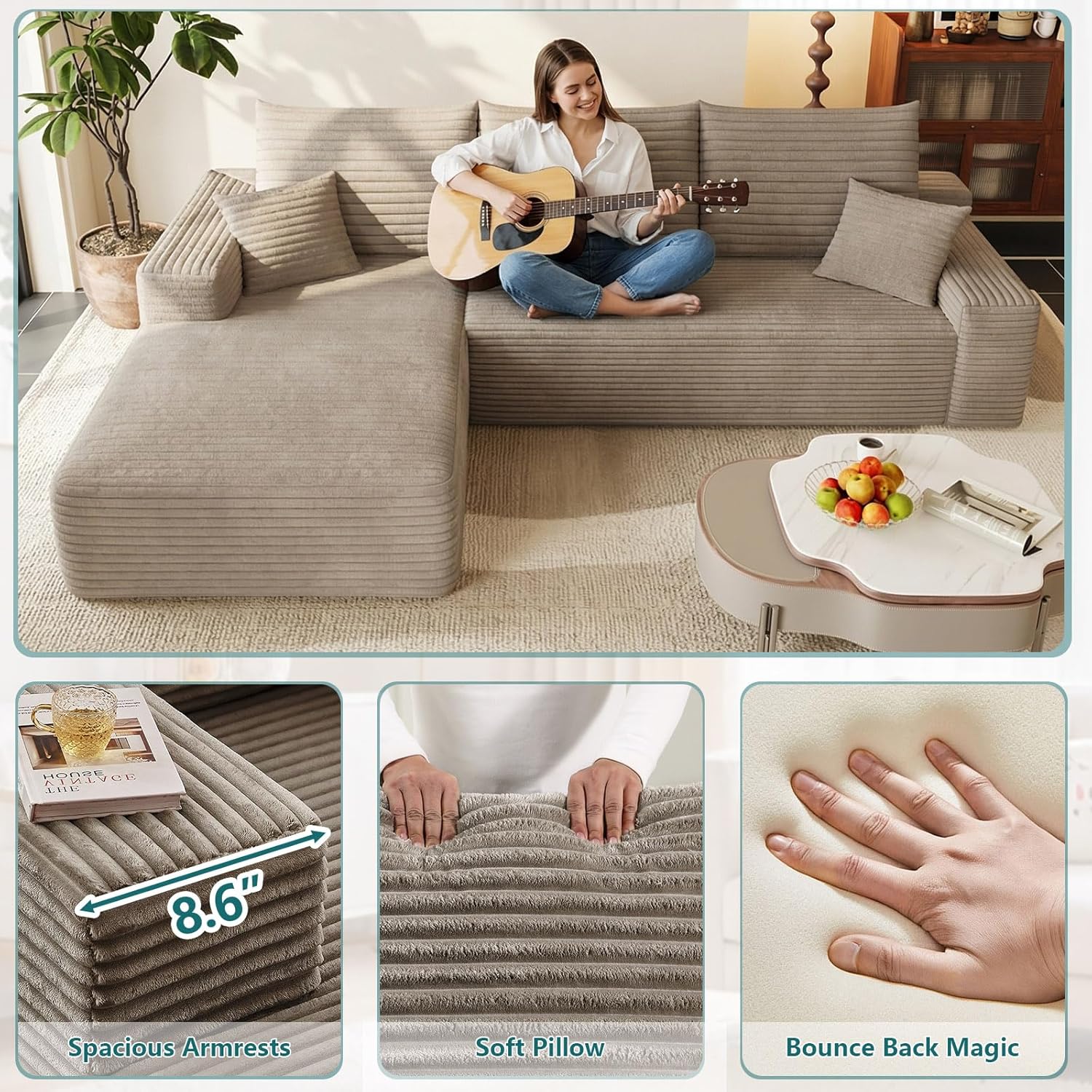 95" Modular Sectional Couch, Boneless L Shaped Cloud Sofa with Chaise Lounge, Corduroy Upholstered Couches Memory Foam Deep Seat, No Assembly Required, Ideal for Living Room(Camel, Left Facing)