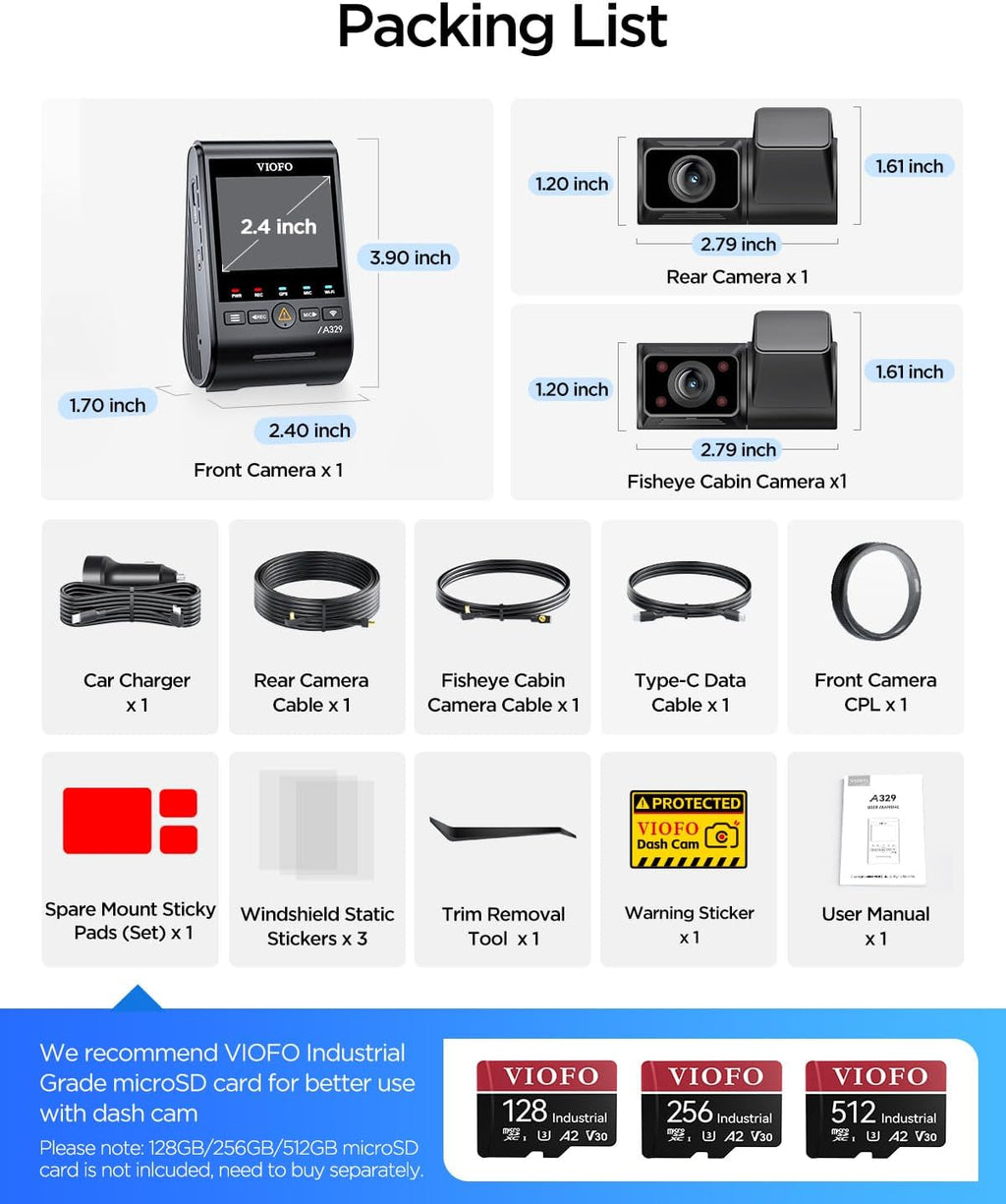 VIOFO A329S 4K 3 Channel Dash Cam  4K Front + 2K Cabin Fisheye (210°) + 2K Rear  Power Saving Parking Mode  Wi-Fi 6 App Control  All-Channel STARVIS 2 Sensors  Supports up to 4TB SSD Storage
