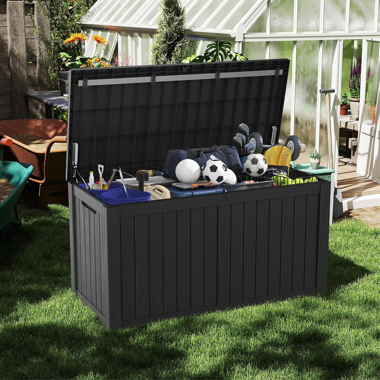Mars Villa 150 Gallon Outdoor Storage Box, Large Resin Deck Box, Waterproof Storage Bin with Lockable Lid, Ideal for, Outdoor, Patio Furniture Cushions, Pool Supplies, Garden Tools, Black