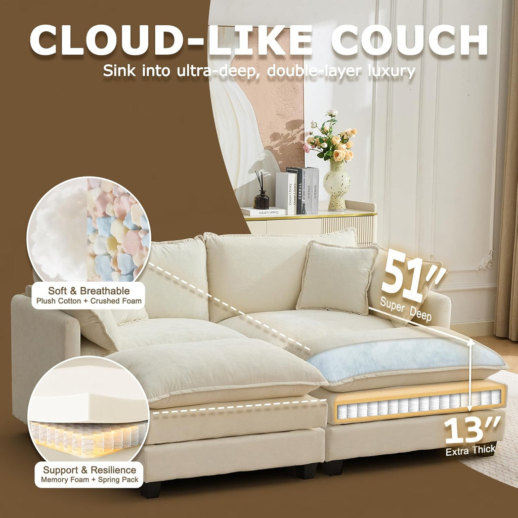 78" Modular Sectional Sofa, Cloud Couch Loveseat Sofa with 2 Movable Ottoman, Comfy Chenille Deep Seat Sofa with Throw Pillows, 4 Seat Modern Couches for Living Room, Bedroom and Apartment, Beige