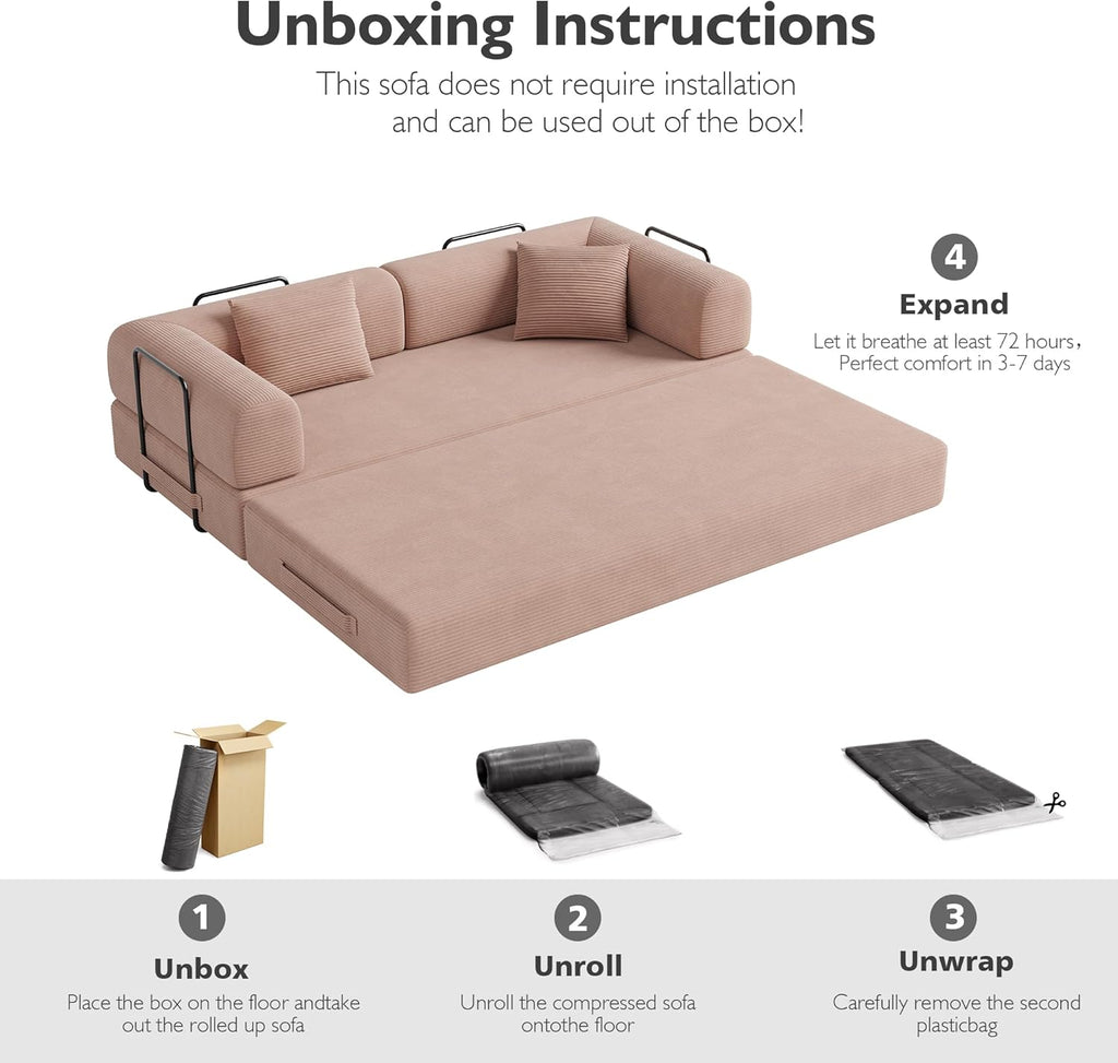 79in Convertible Sofa Bed, Corduroy Boneless Couch Bed, Futon Sleeper Sofa Pull Out Bed, Foldable Couch for Living Room Apartment, No Assembly Required