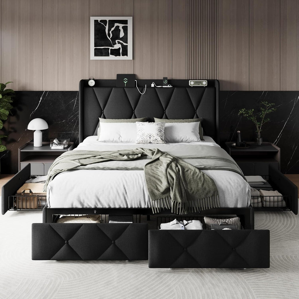 Queen Bed Frame with 4 Storage Drawers and Charging Station, Upholstered Platform Bed Frame with Storage Headboard, No Box Spring Needed, Easy Assembly, Black