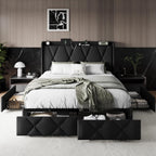 Queen Bed Frame with 4 Storage Drawers and Charging Station, Upholstered Platform Bed Frame with Storage Headboard, No Box Spring Needed, Easy Assembly, Black