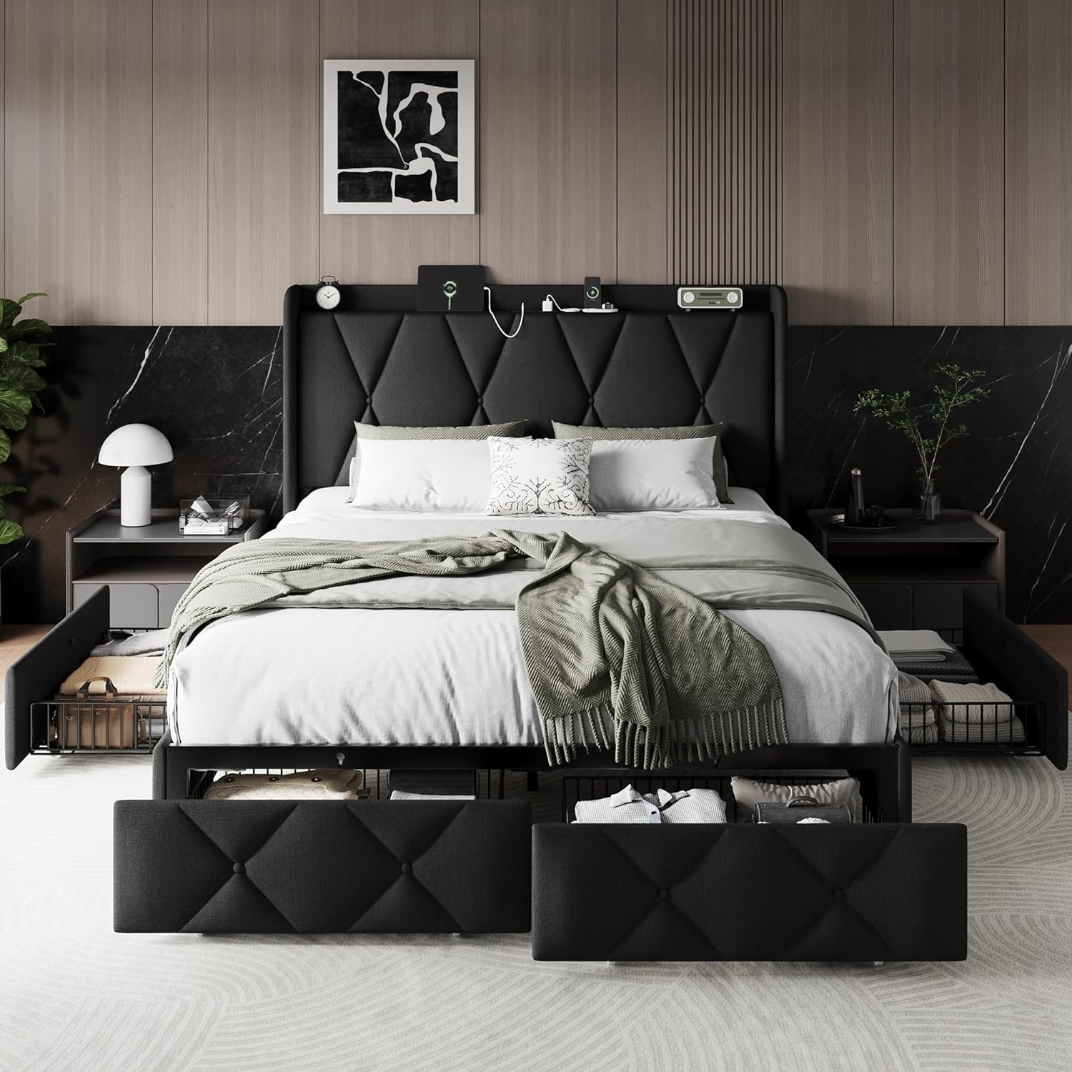 Queen Bed Frame with 4 Storage Drawers and Charging Station, Upholstered Platform Bed Frame with Storage Headboard, No Box Spring Needed, Easy Assembly, Black