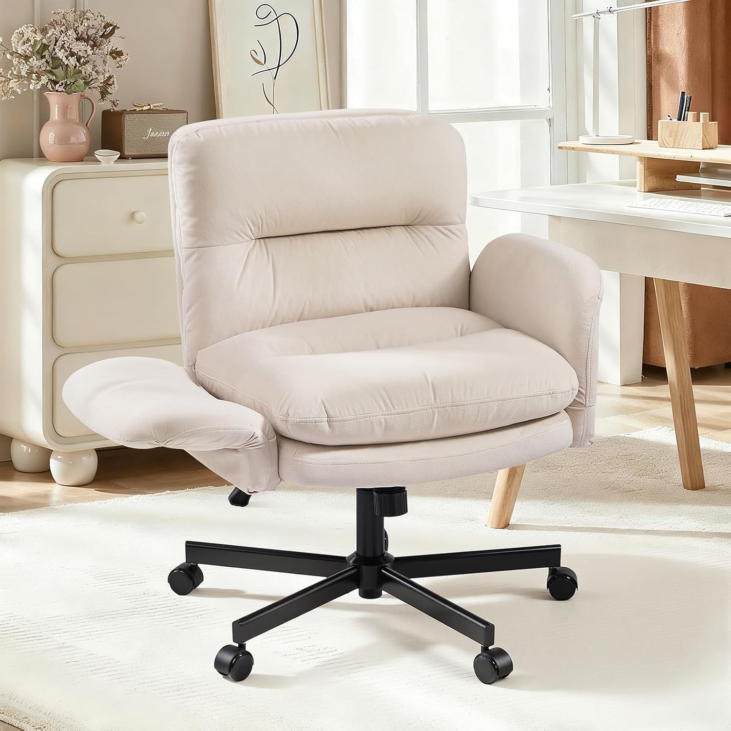 Bestier Criss Cross Office Chair with Flip-Up Arms, Vanity Comfy Chair with Thick Cushion & Wheels, Cross Legged Office Chair for Home Office, Bedroom, Beige Velvet