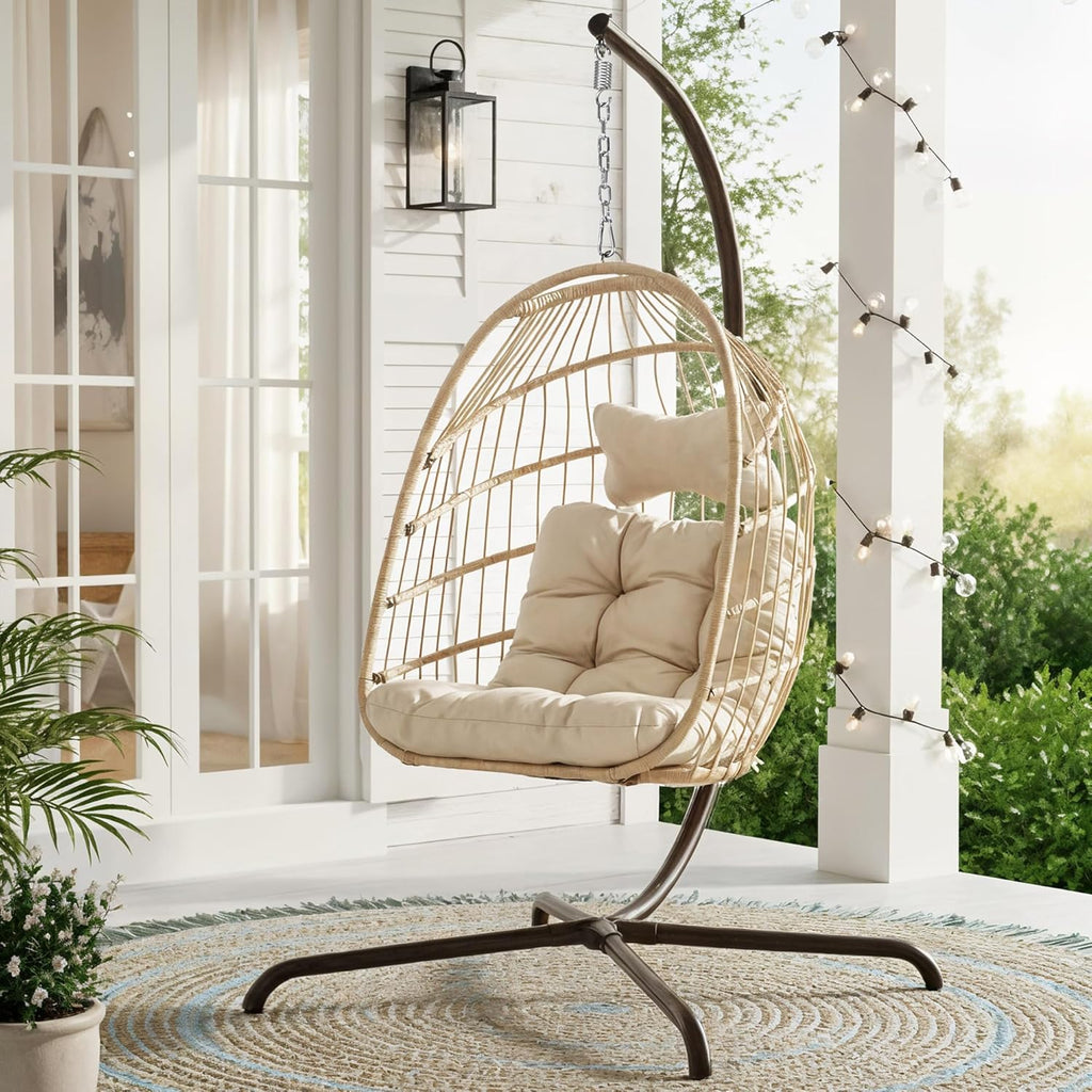 RADIATA Outdoor Swing Egg Chair with Stand, 350Lbs Heavy-Duty Wicker Egg Hanging Patio Chairs for Outside, Comfy Porch Swinging Chair with Thick Cushion Balcony Backyard Bedroom Indoor, Beige
