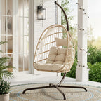 RADIATA Outdoor Swing Egg Chair with Stand, 350Lbs Heavy-Duty Wicker Egg Hanging Patio Chairs for Outside, Comfy Porch Swinging Chair with Thick Cushion Balcony Backyard Bedroom Indoor, Beige