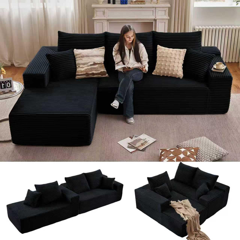96" Modular Sectional Sofa, Modern Corduroy Cloud Couch with Deep Seat, Boneless Couch Upholstered 3-Seater L-Shaped Sofa for Living Room, No Assembly Required(Black, Left-Facing Chaise)