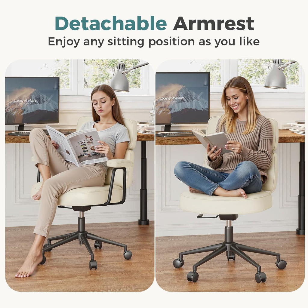 OLIXIS Ergonomic Home Office Desk Chair, PU Leather Computer Chair with Lumbar Support Adjustable Height Rolling Swivel Executive Task Armrests Chair, Off-White