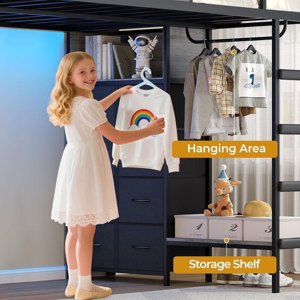 ADORNEVE Bunk Bed Twin Over Twin Size with 8 Storage Drawers, Twin Bunk Beds with Led Lights & Storage Shelves, Metal Loft Bed with 13.4" H Safety Guardrail & Ladder, for Kids & Teens, Black