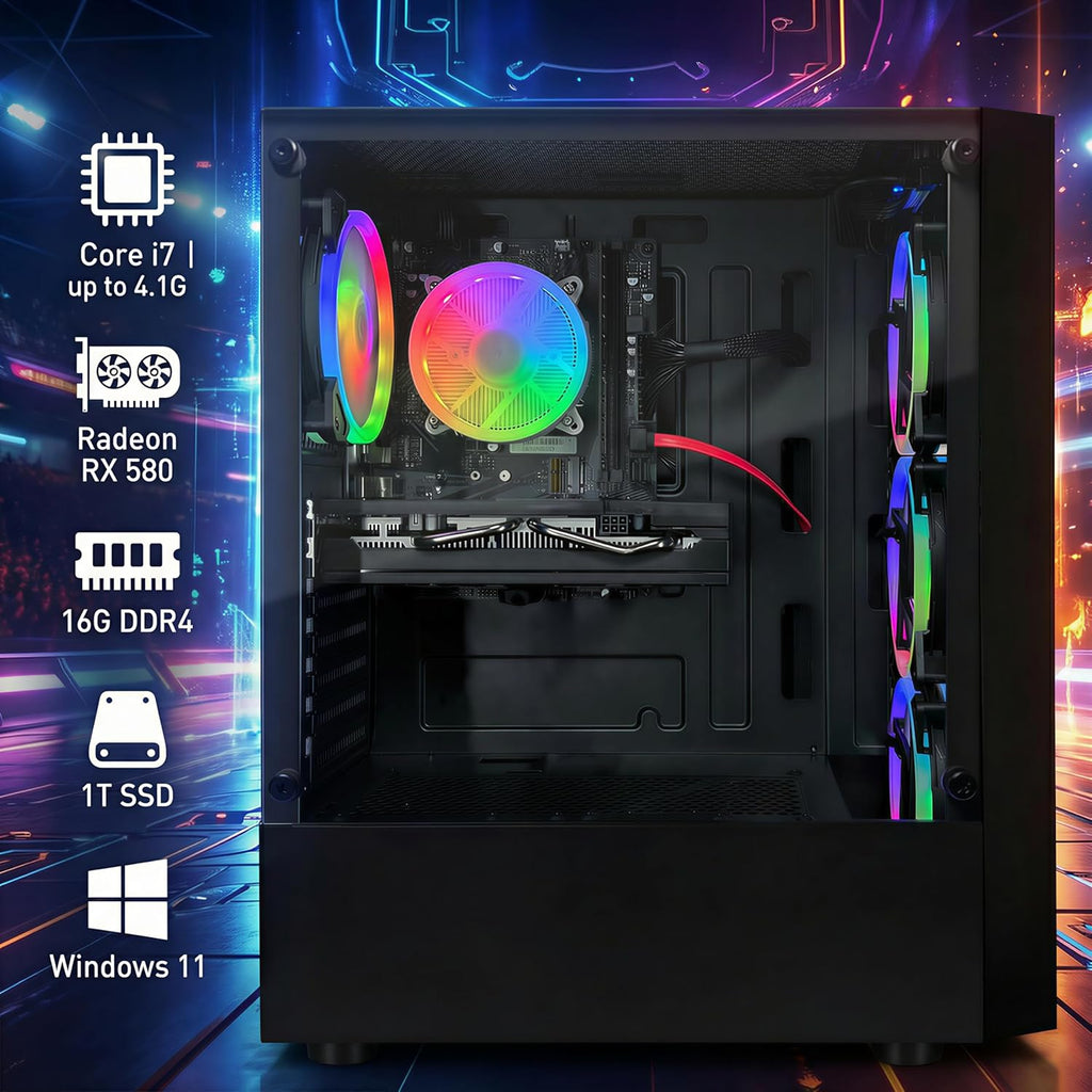 STGAubron Gaming PC Computer Desktop  Radeon RX 580 8G  Intel Core I7 8th up to 4.1GHz  16G DDR4  1T SSD  WiFi 6 & BT 5.2  RGB Fan x4  Windows 11 Home