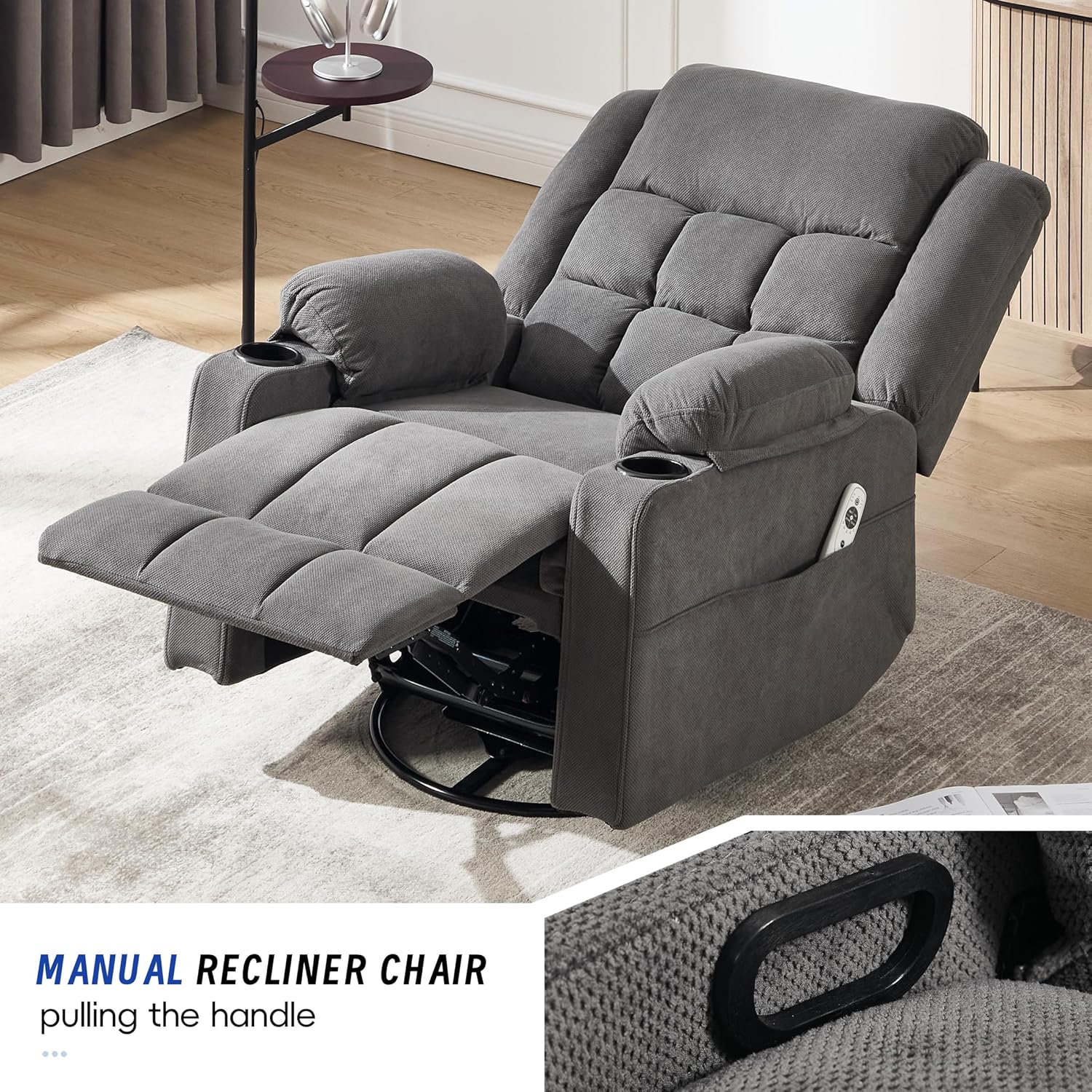 Swivel Recliner Chair for Adults with Massage and Heating,Manual Glider Rocking Recliner Chair with Cup Holds and Pockets,Reclining Rocker Chairs for Living Room Bedroom R8811 (Darkgrey)