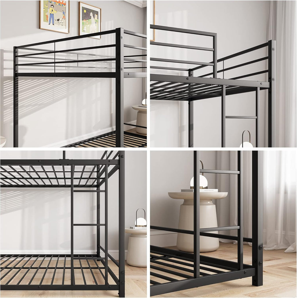 Full Over Full Bunk Beds, Metal Heavy Duty Full Size Bunk Beds for Kids, Full Size Bed Frmae for Boys and Girls,Loft Bed with Ladder and Guardrail for Small Spaces (Black)