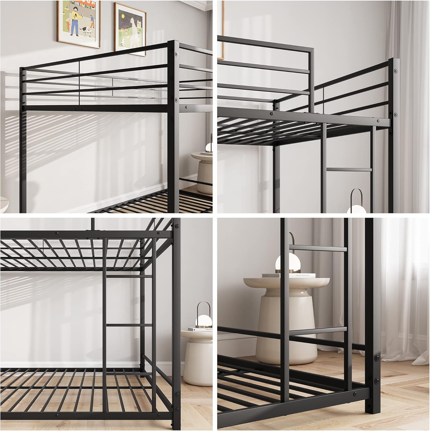 Full Over Full Bunk Beds, Metal Heavy Duty Full Size Bunk Beds for Kids, Full Size Bed Frmae for Boys and Girls,Loft Bed with Ladder and Guardrail for Small Spaces (Black)