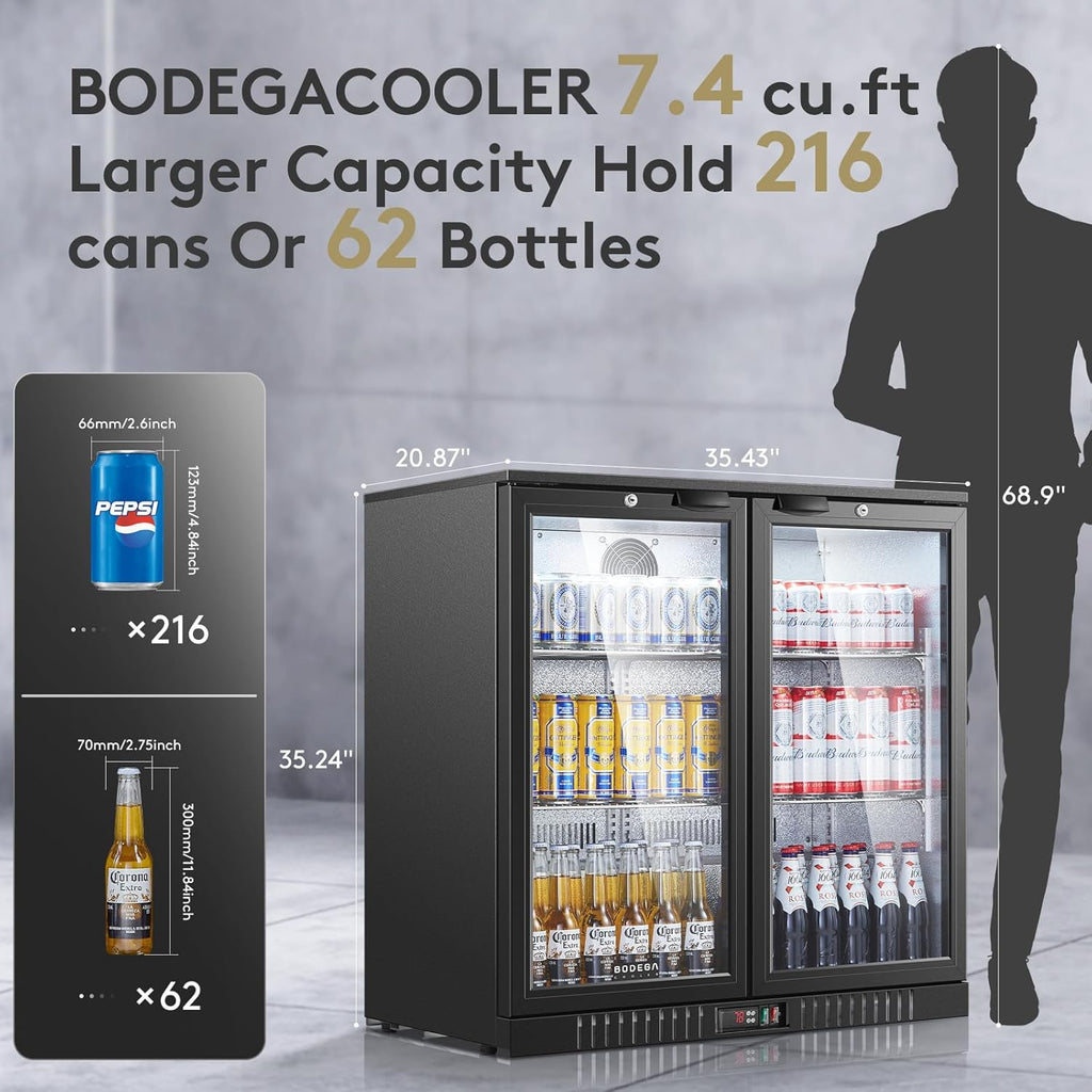BODEGACOOLER Back Bar Cooler With 2 Glass Doors,7.4 Cu.Ft Commercial Counter Height Beverage Refrigerator,Display Bar Fridge with LED Lighting,21 inch Beverage Cooler for Store,Lobby,Restaurant,Clubs