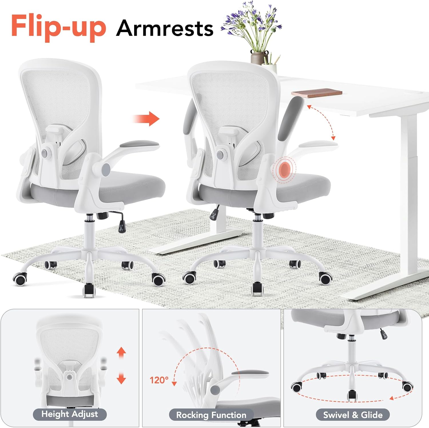 Ergonomic Office Chair, Computer Desk Chair with Adjustable Lumbar Support and Flip-up Armrests, Rocking Function, Comfy Mesh Office Desk Chair for Home Office, Grey
