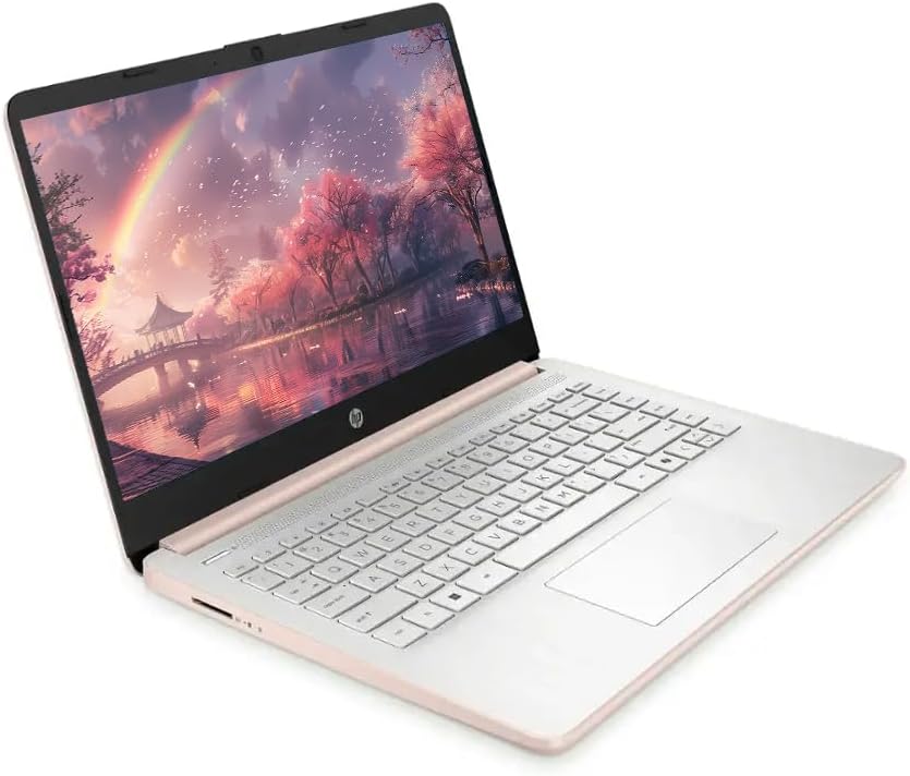 HP 14" Business Laptop Computer with Microsoft Office 365  4-Core Intel Processor  128GB UFS + 1TB Cloud Storage  8GB RAM  Windows 11  SageNova Earphones  Pale Rose Gold