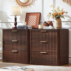 LEYAOYAO Fluted Farmhouse Nightstand Set of 2 with Charging Station, 23" Wide 3 Drawers Night Stand,Walnut Dresser for Bedroom,Bed Side Table Chest of Drawers,Wood End Table for Living Room