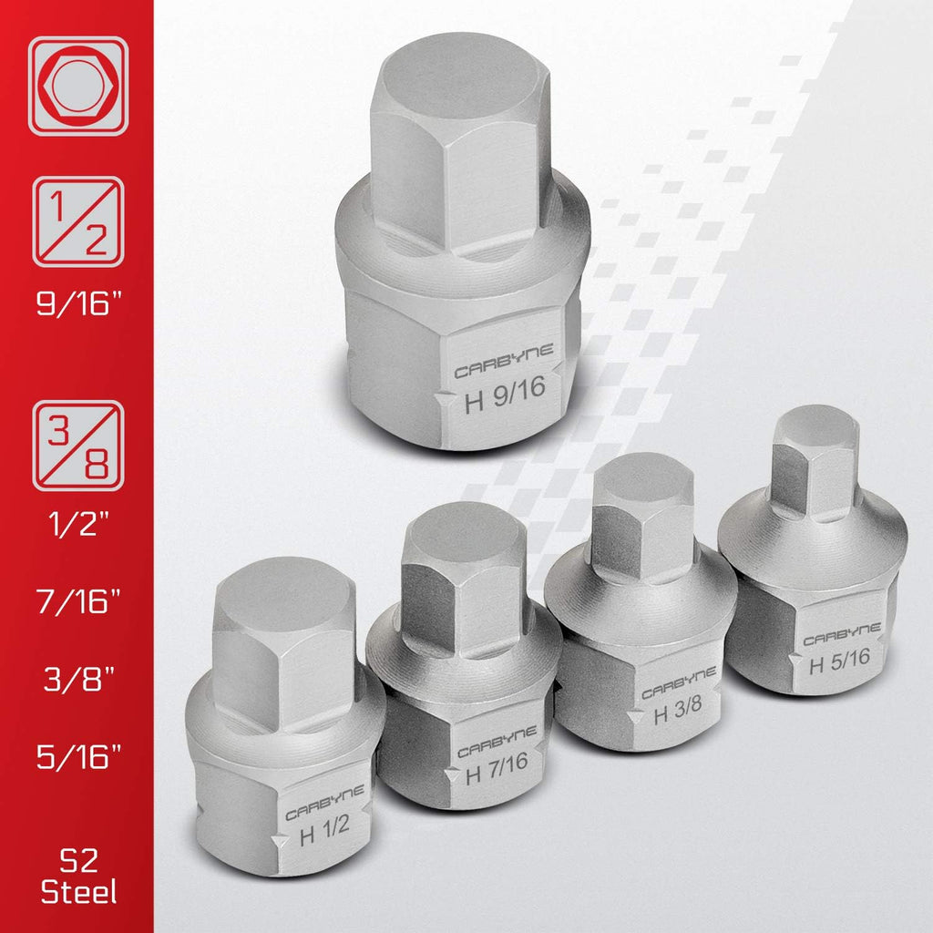 CARBYNE 9-Piece Stubby Low Profile Hex Bit Socket Set SAE S2 Steel Super Short Allen Sockets with Dual Drive Internal Square and External Hex for Tight Confined Spaces