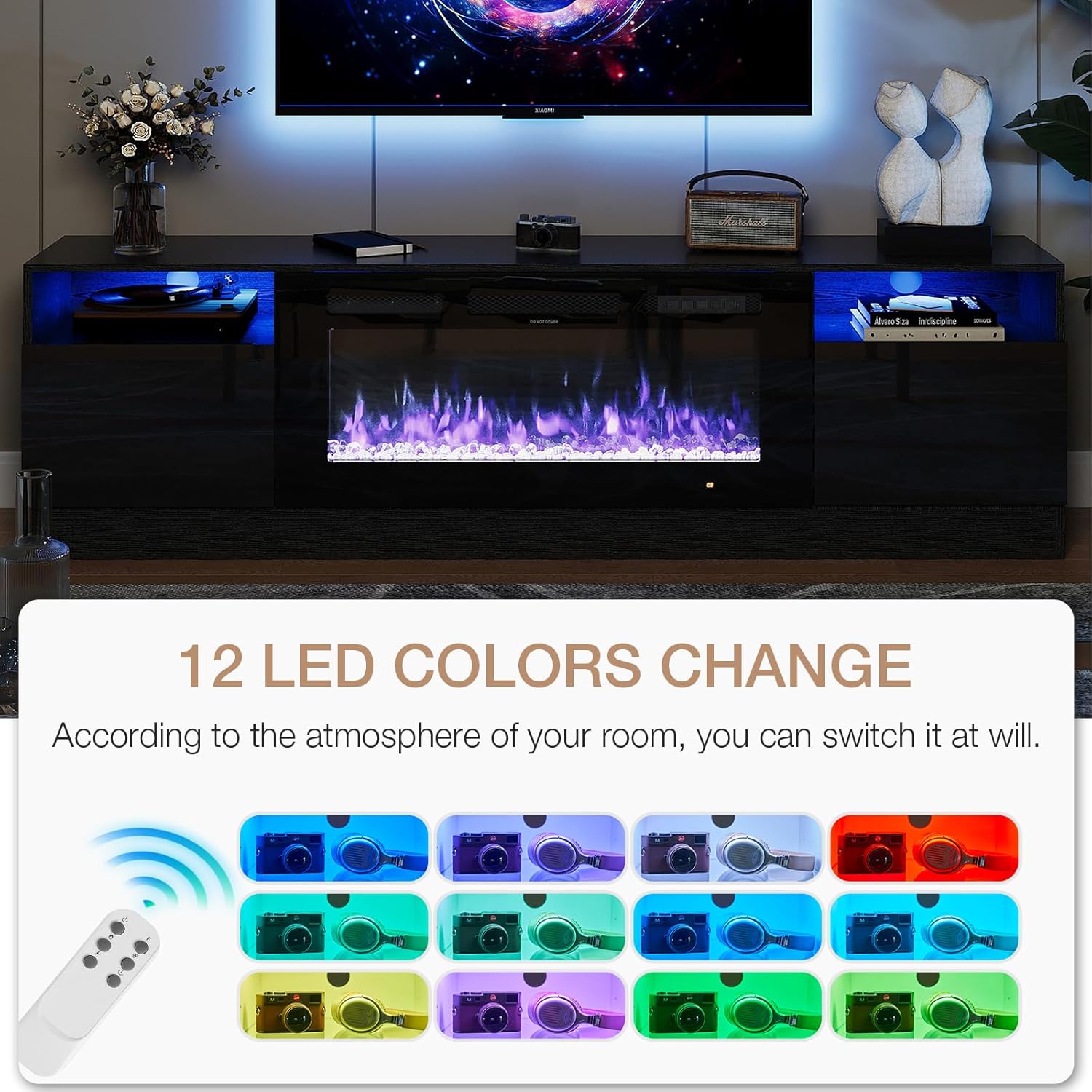 oneinmil Fireplace TV Stand with 36" Electric Fireplace, LED Light Entertainment Center, Modern Wood Texture Entertainment Stand with Highlight Storage Cabinet for TVs Up to 80", 70 inches, Black