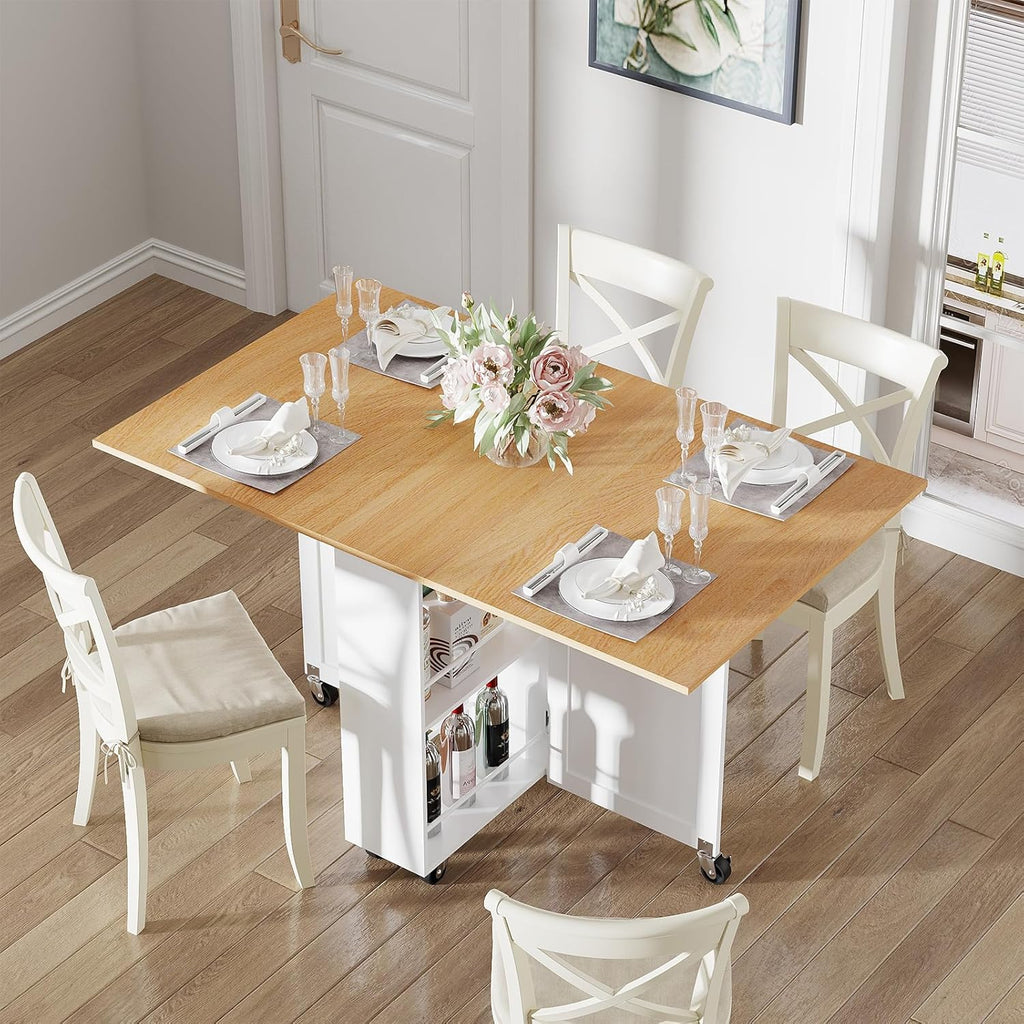 Space Saving Folding Dining Table with 2 Tier Storage-Extendable Drop Leaf Farmhouse Wood Kitchen Dining Room Tables Set for 4, Folding Kitchen Table with 6 Wheels, (Light Brown)