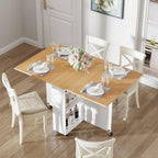 Space Saving Folding Dining Table with 2 Tier Storage-Extendable Drop Leaf Farmhouse Wood Kitchen Dining Room Tables Set for 4, Folding Kitchen Table with 6 Wheels, (Light Brown)