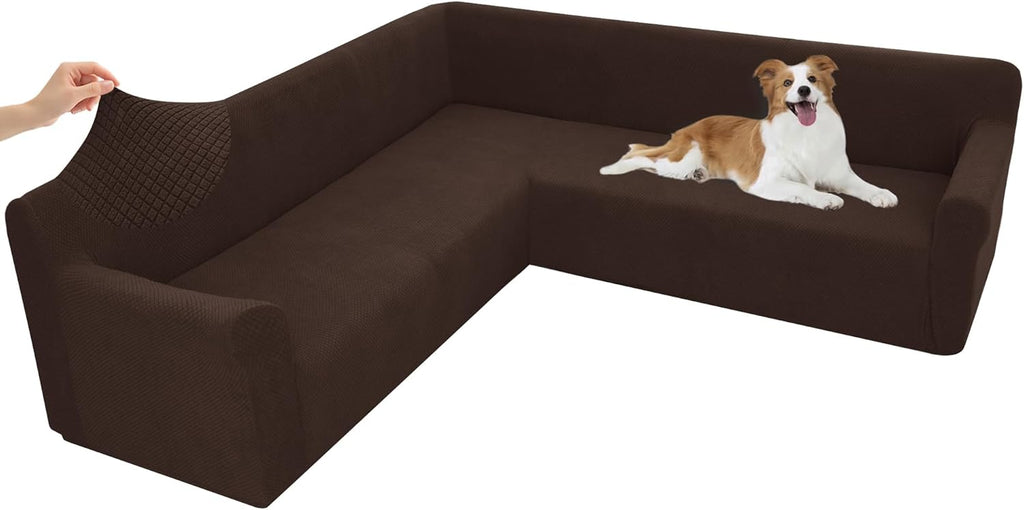 Arfntevss Stretch Sectional Couch Covers L Shaped Corner Sectional Sofa Cover Washable Jacquard Soft Fleece U Shape Sofa Slipcovers Anti Slip Furniture Protector for Dogs Pets (Small, Dark Brown)