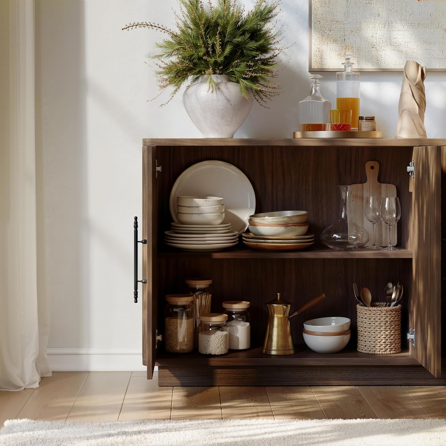 Evermagin 67" Arched Walnut Buffet Cabinet with Storage, Large Credenza with 4 Doors, Wood Mid Century Modern Sideboard for Kitchen and Living Room (67"*31.5"*15.7")