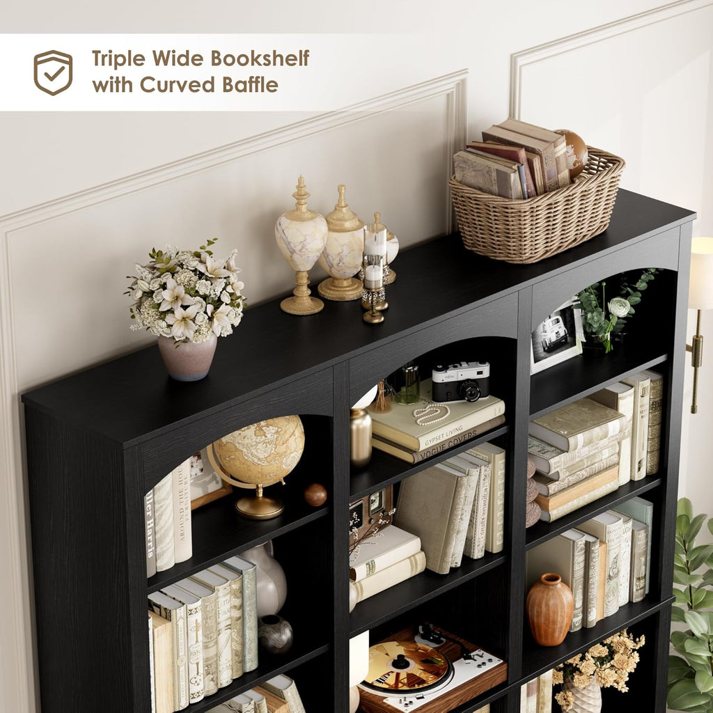 FACBOTALL 71" Triple Wide Bookshelf, 6 Tier Tall Bookshelf, Large Book Shelf with Curved Baffle, 63.4" Wide Bookcase with 18 Open Display Shelves for Living Room, Study, Black