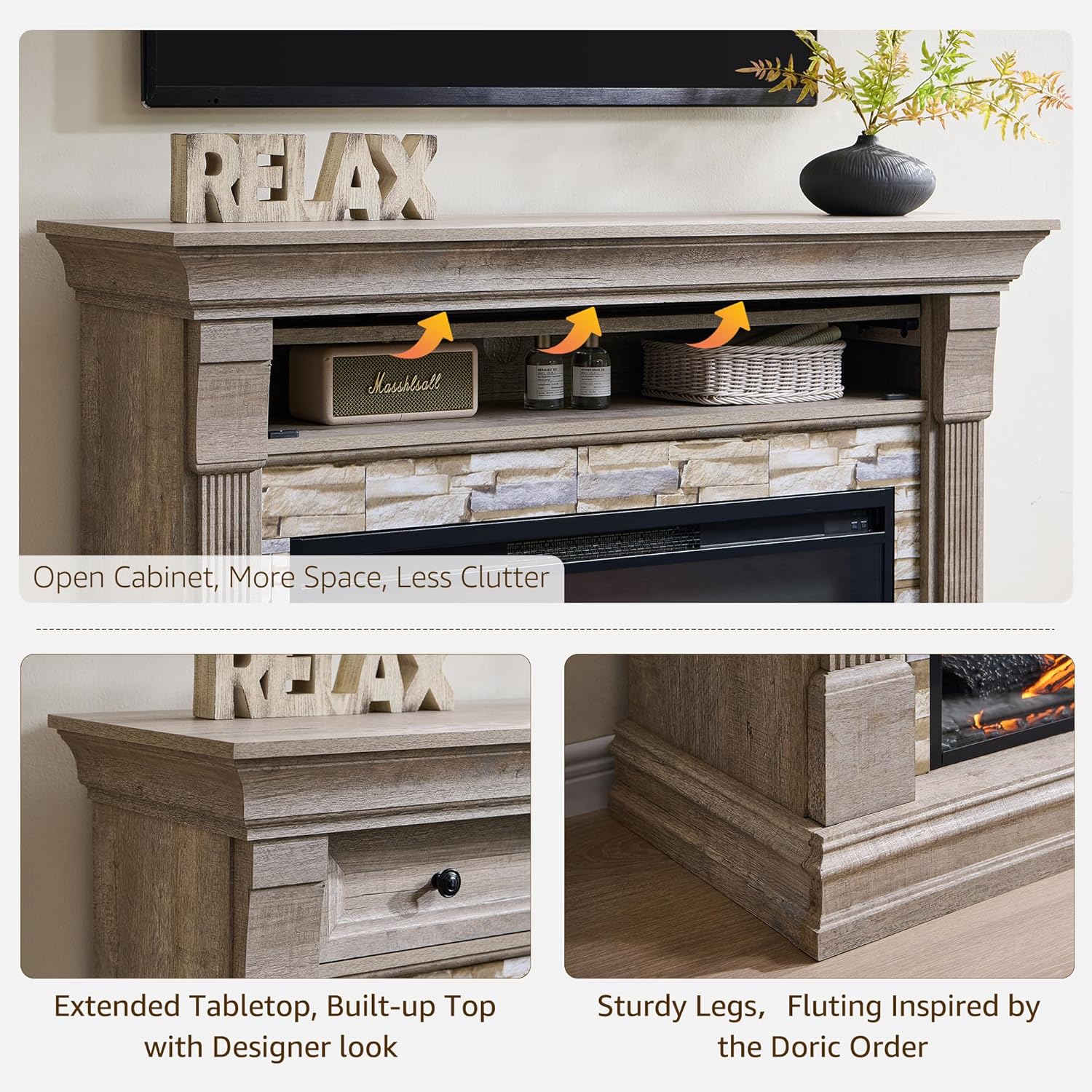 OKD 52" Farmhouse Electric Fireplace TV Stand with Mantel & Cabinet, 36" Freestanding Electric Fireplace Heater with Remote Control, Adjustable 3D Flame Effect, Light Rustic Oak
