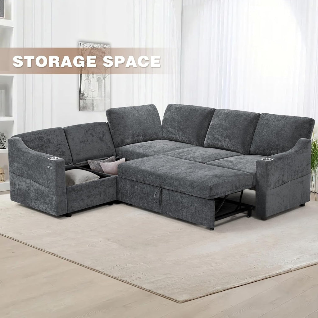 84" Chenille Modular Sofa Bed w/Adjustable Backrests, L-Shape Sleeper Sofa w/USB Ports & Storage Space, Convertible Corner Sectional Couch w/Pull Out Bed for House, Living Room, Grey