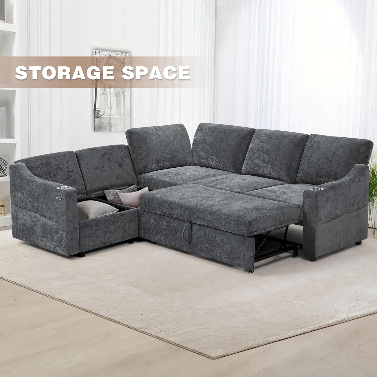 84" Chenille Modular Sofa Bed w/Adjustable Backrests, L-Shape Sleeper Sofa w/USB Ports & Storage Space, Convertible Corner Sectional Couch w/Pull Out Bed for House, Living Room, Grey