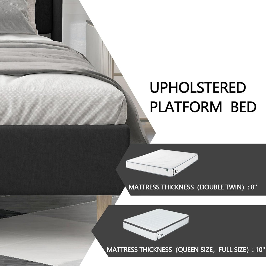 alazyhome Upholstered Platform Queen Size Bed Frame with Headboard Wooden Slats Support No Noise Easy Assembly Black Linen