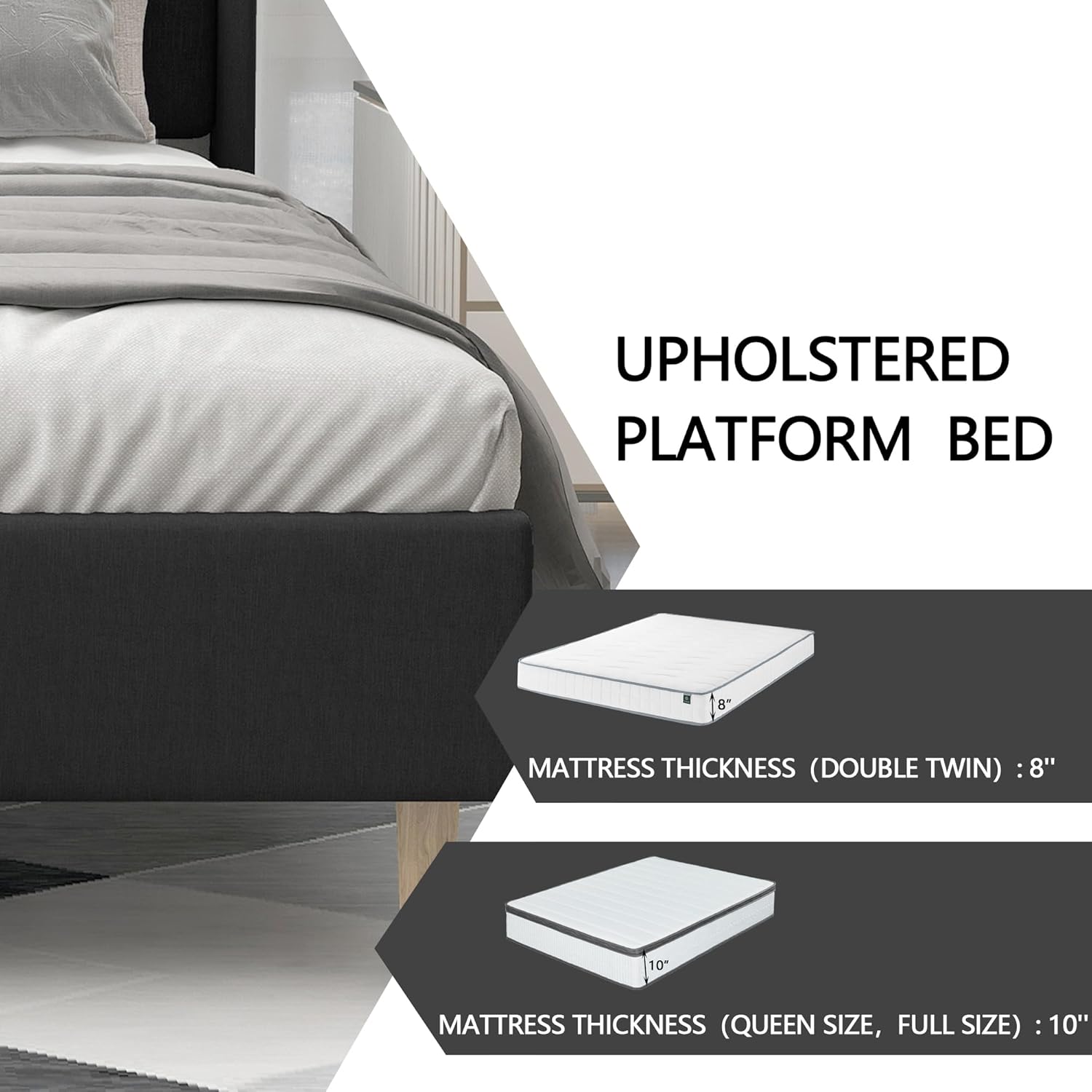 alazyhome Upholstered Platform Queen Size Bed Frame with Headboard Wooden Slats Support No Noise Easy Assembly Black Linen