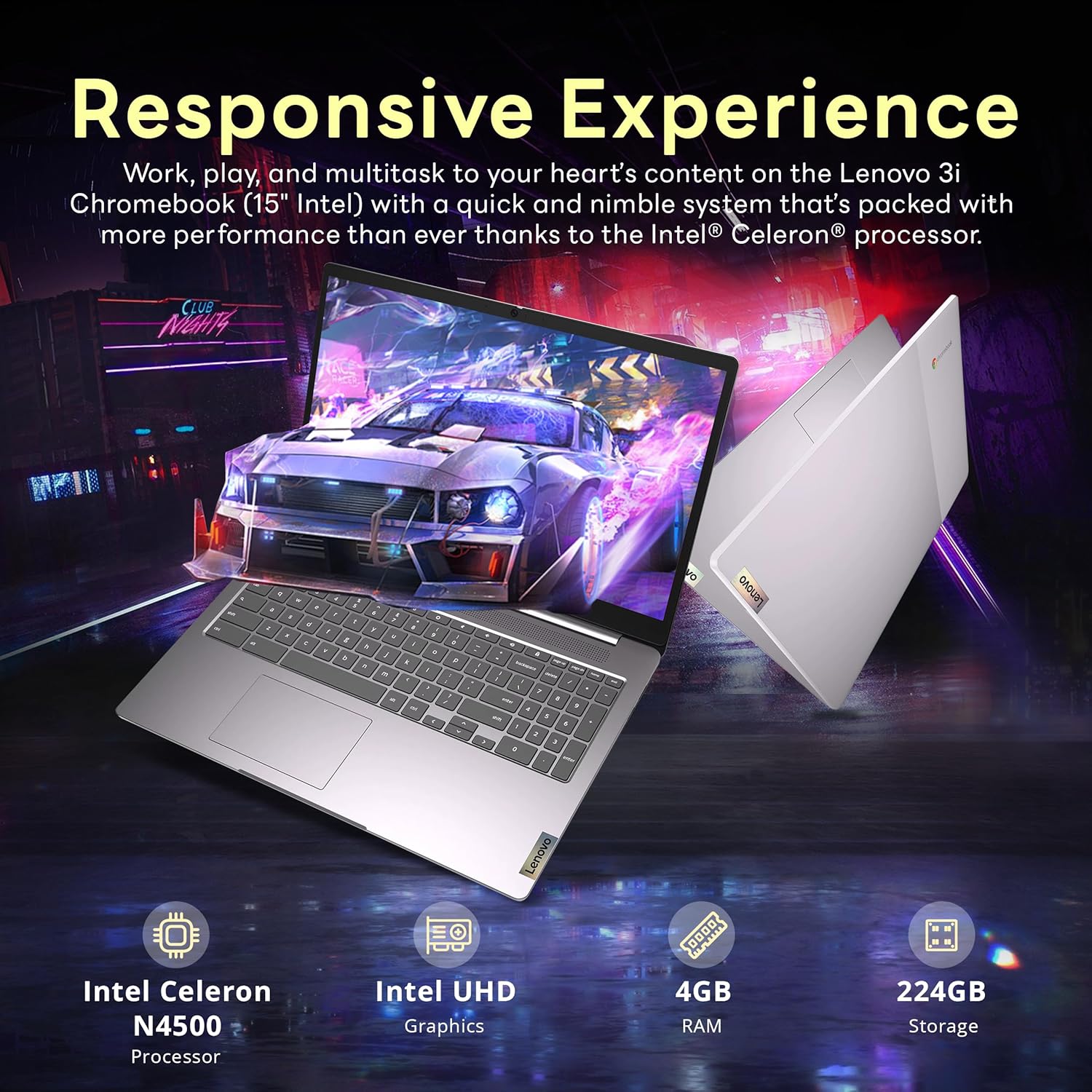 Lenovo Ideapad 3 15.6" FHD Chromebook  Intel Celeron N4500  4GB RAM  224GB Storage (64GB SSD+160GB Docking Station Set)  ‎Intel UHD Graphics  Full Size Keyboard  Chrome OS  Artic Gray