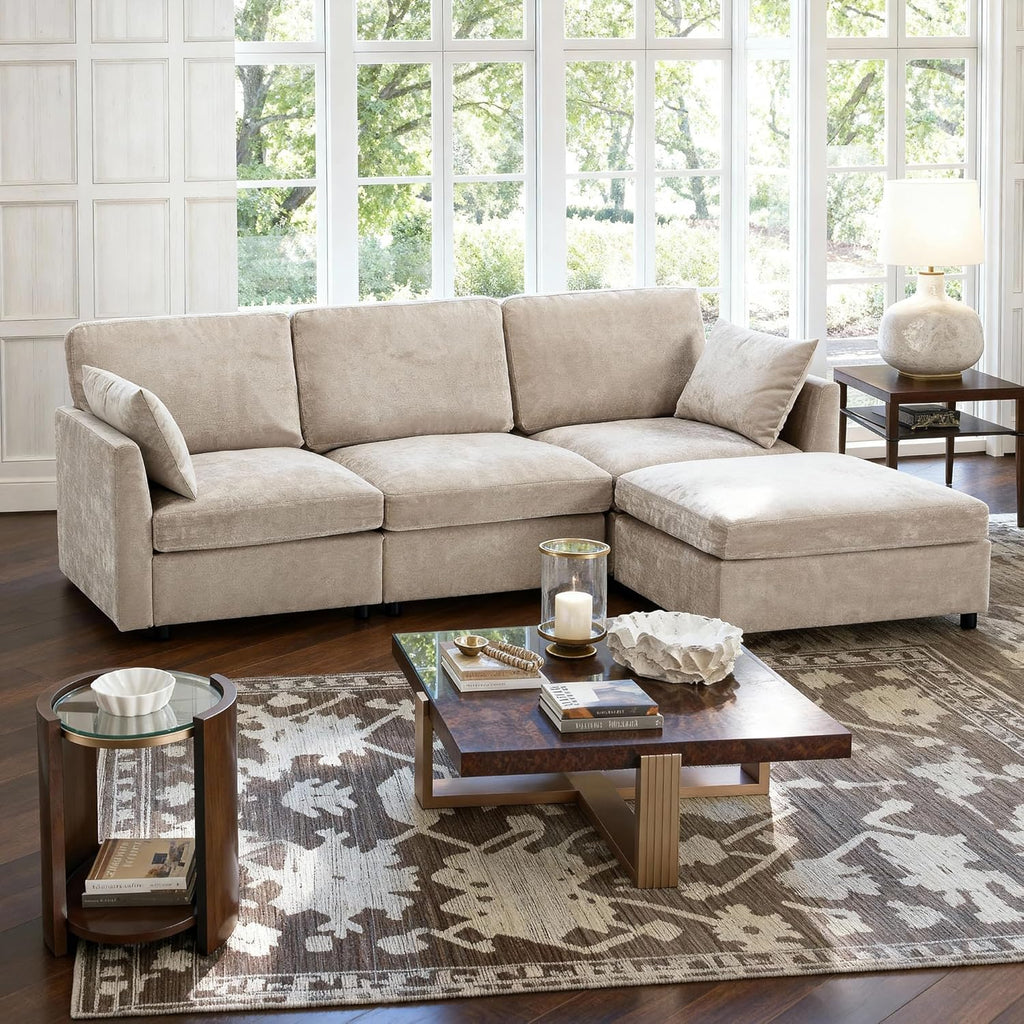 Sectional Cloud Couch for Living Room, Spring Cushion Seating, L Shaped Convertible Modular Sofa with Ottoman, Khaki | Convertible, Balanced Comfort, Soft-Strong Chenille, Apartment-Friendly