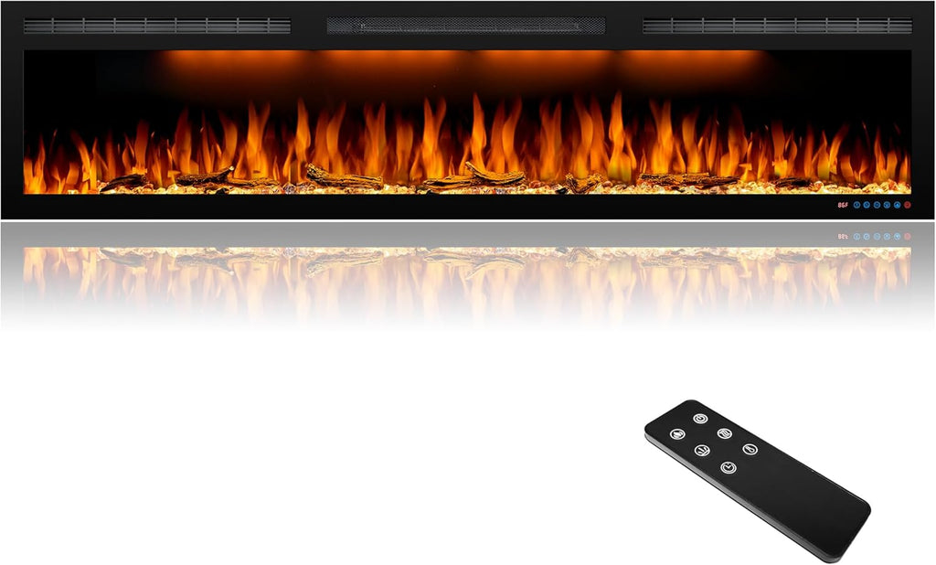72 inches Electric Fireplace, Recessed and Wall Mounted Fireplace Heater and Linear Fireplace Inserts, Adjustable Heaing& Remote Control& Touchscreen, Multicolor Flame & Realistic logs,1500W, Black