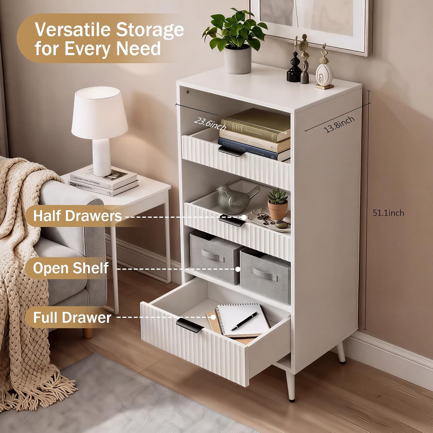 Foxemart White File Storage Cabinet & 4-Tier Multifunctional Storage, 51.1”Tall Storage Cabinet, Narrow Storage Cabinet for Home Office, Bathroom, Kitchen, Pantry, Living Room, Bedroom